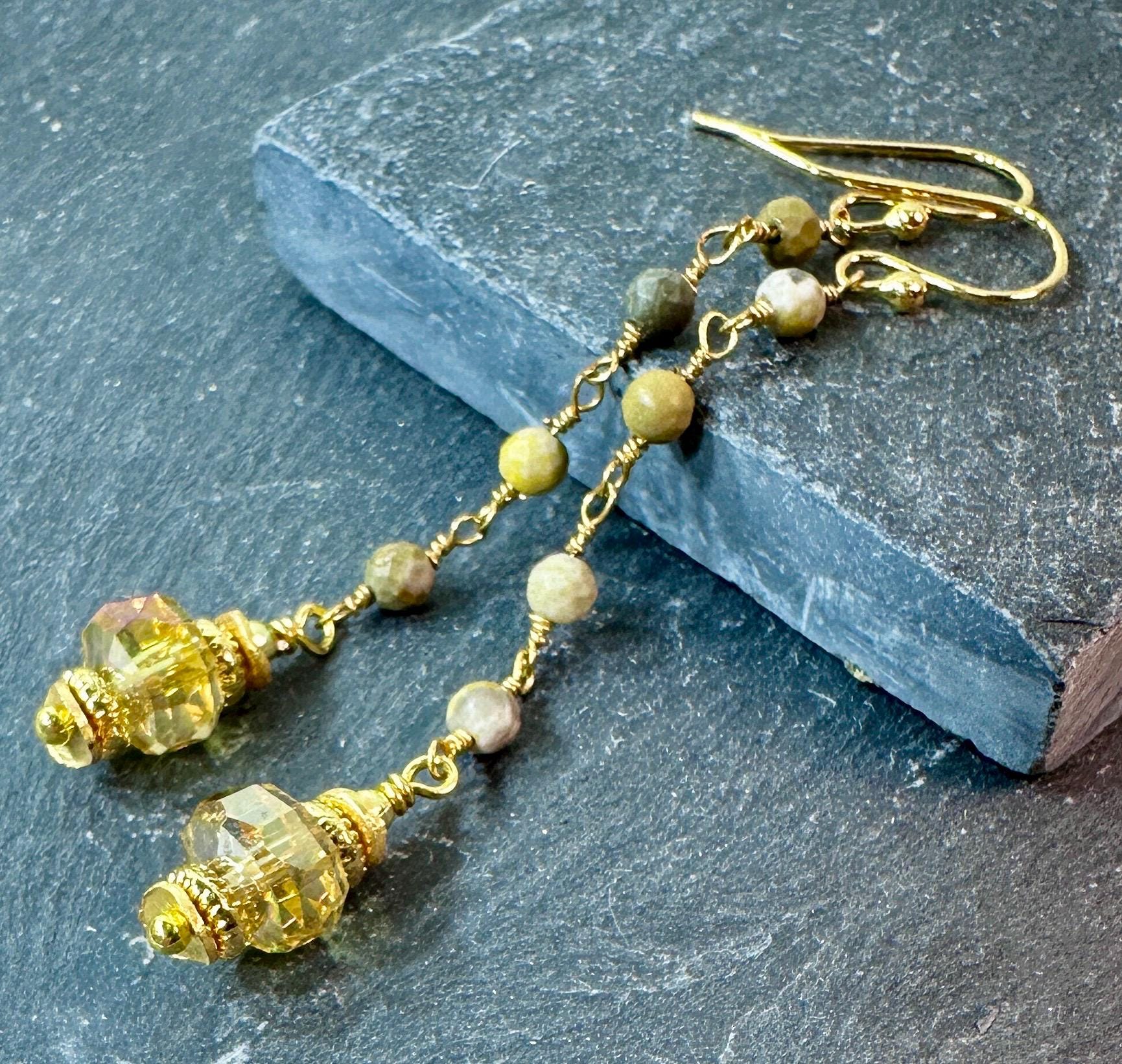Jasper Bead Chain Gold Earrings
