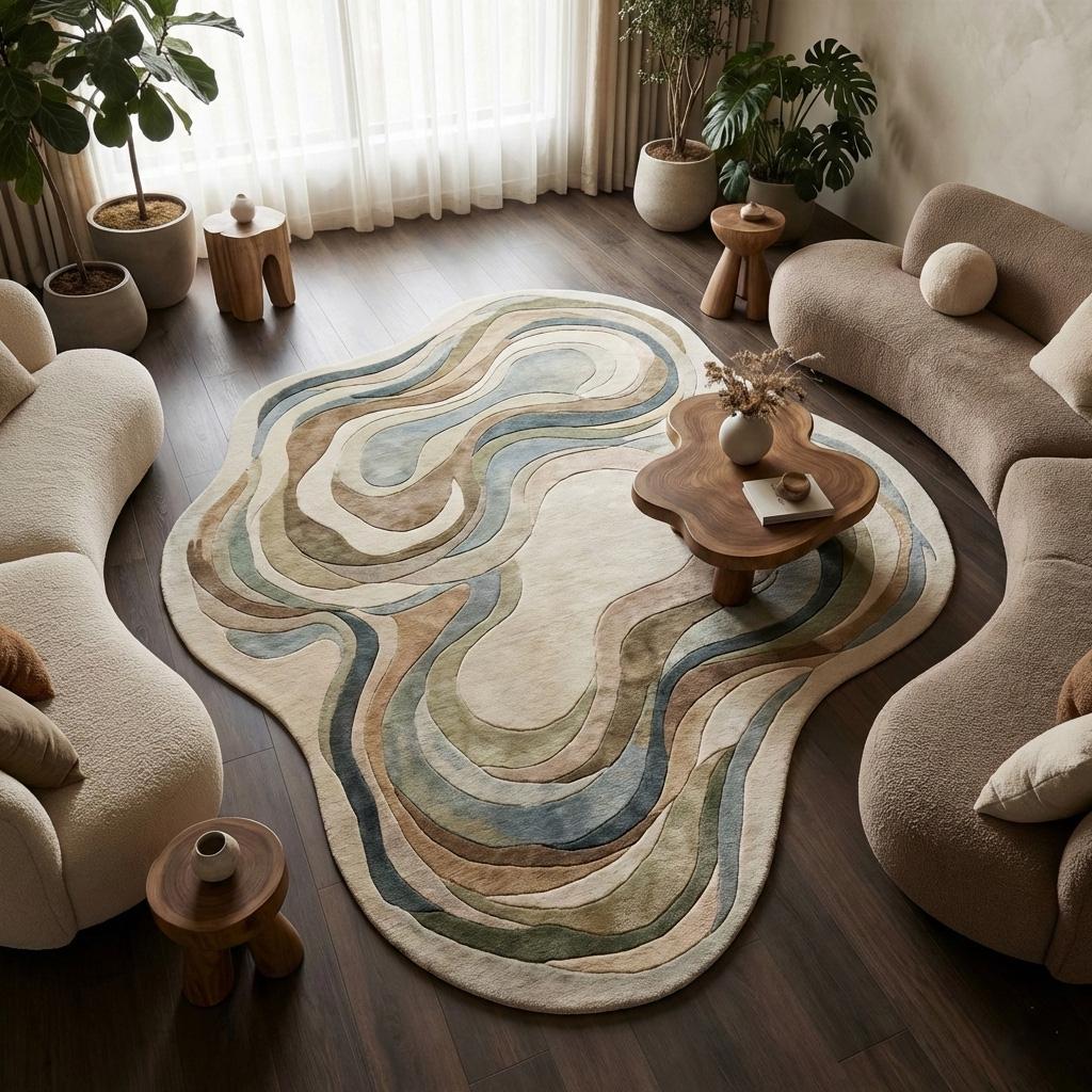 RugverseCreations Irregular Wool Rug Moss Green Mustard 70s