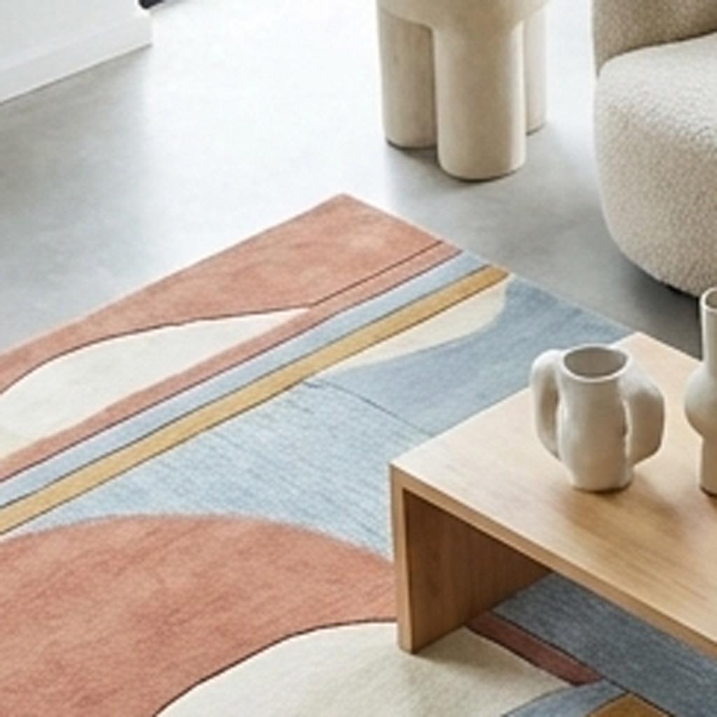Hand Tufted Wool Geometric Area Rug Irregular Shape Blue Rust