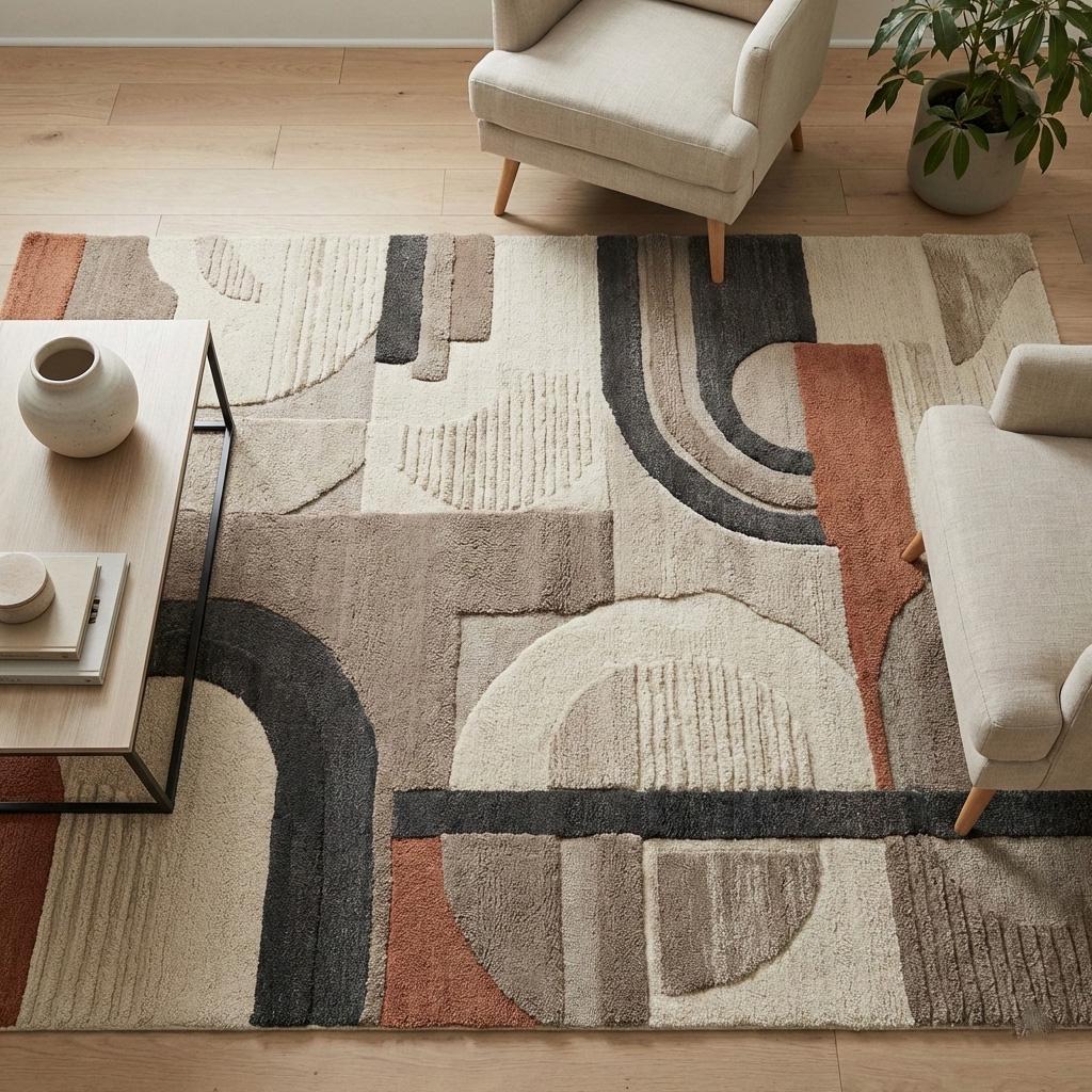 RugverseCreations Hand Tufted Geometric Wool Rug Abstract Bauhaus Beige Rust Grey