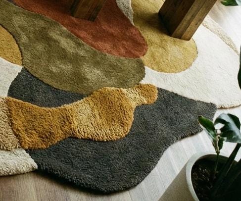 Abstract Wavy Area Rug Hand Tufted Wool Irregular Shape Rust Orange Green