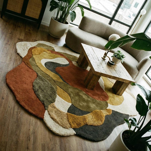 Abstract Wavy Area Rug Hand Tufted Wool Irregular Shape Rust Orange Green