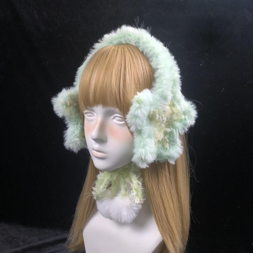 StellarPride Handmade Mint Green Star Earmuffs Plush Yarn Winter Hair Accessory
