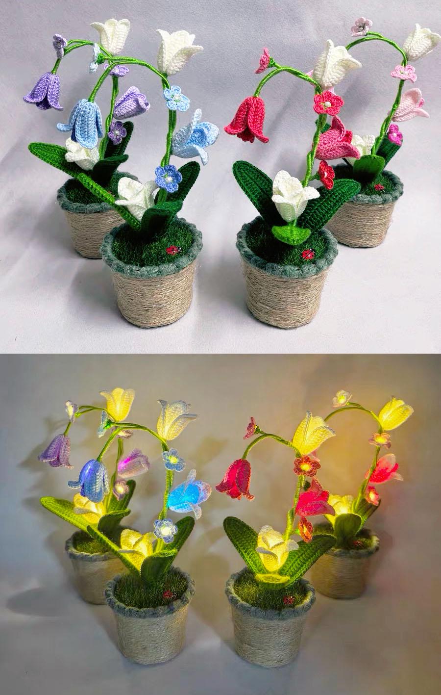 CrochetRecipe Handmade Lily of the Valley Potted Plant LED Lamp 8in White