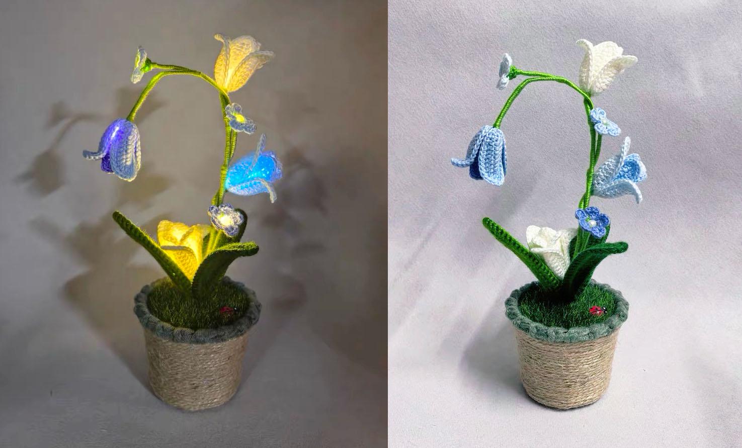 CrochetRecipe Handmade Tulip Mini Potted Plant Light Lamp 8in Pink