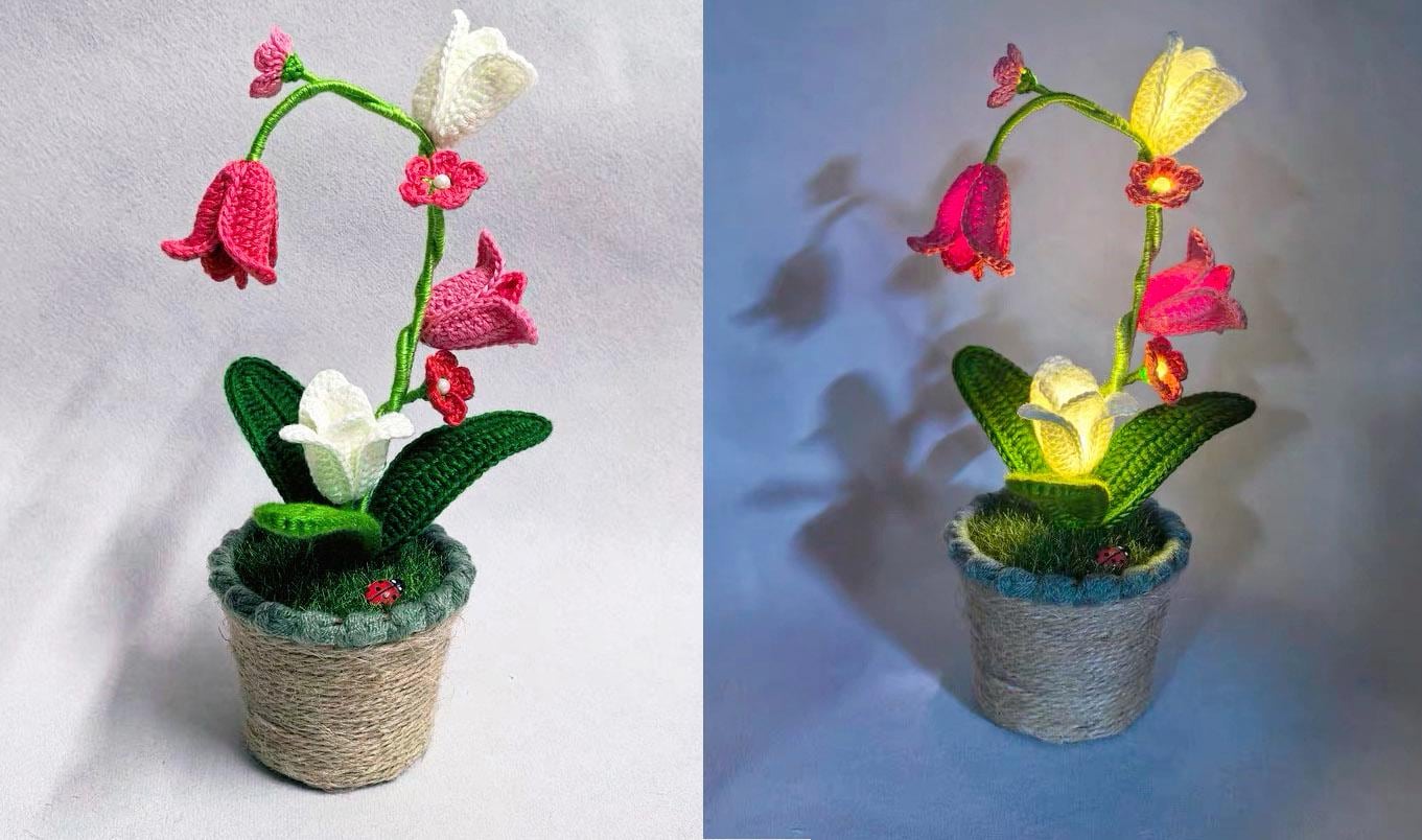 CrochetRecipe Handmade Tulip Mini Potted Plant Light Lamp 8in Pink