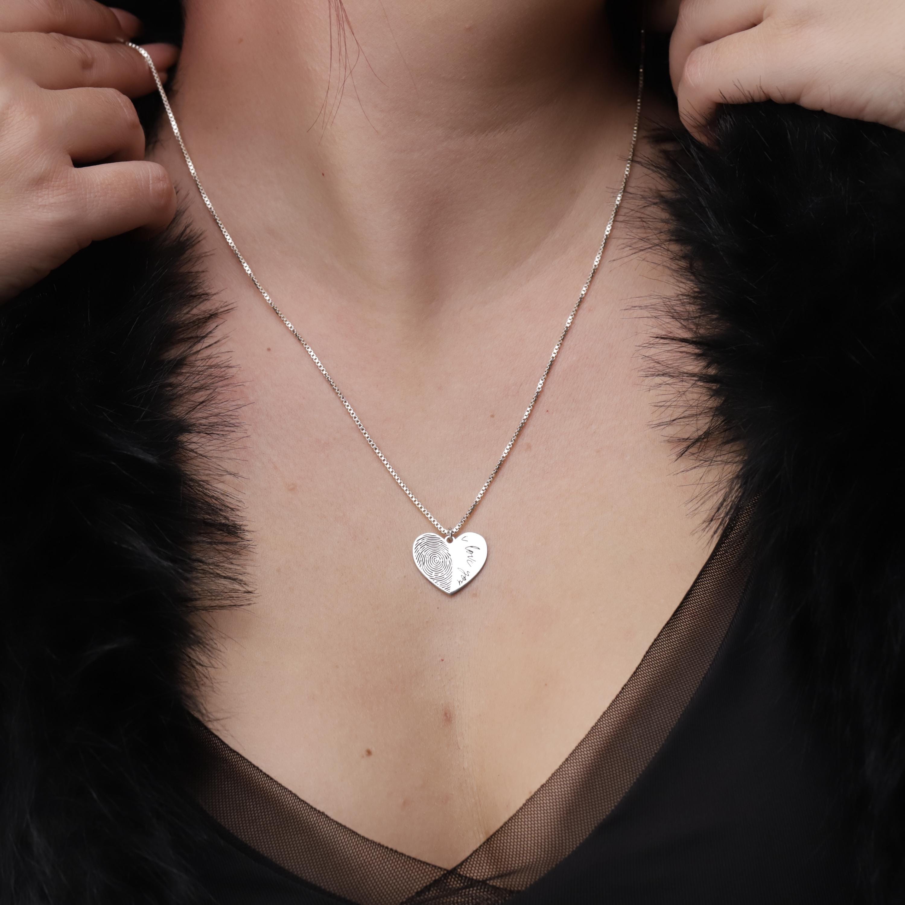 Personalized Fingerprint Necklace: Heart Shape Sterling Silver Custom Pendant