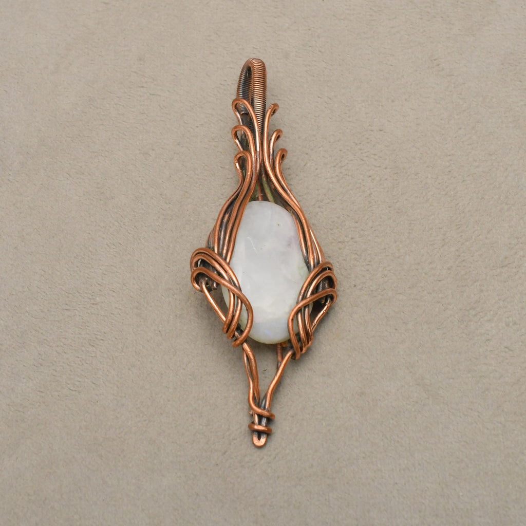 EkkJewels Copper Wire Wrapped Rainbow Moonstone Pendant Necklace