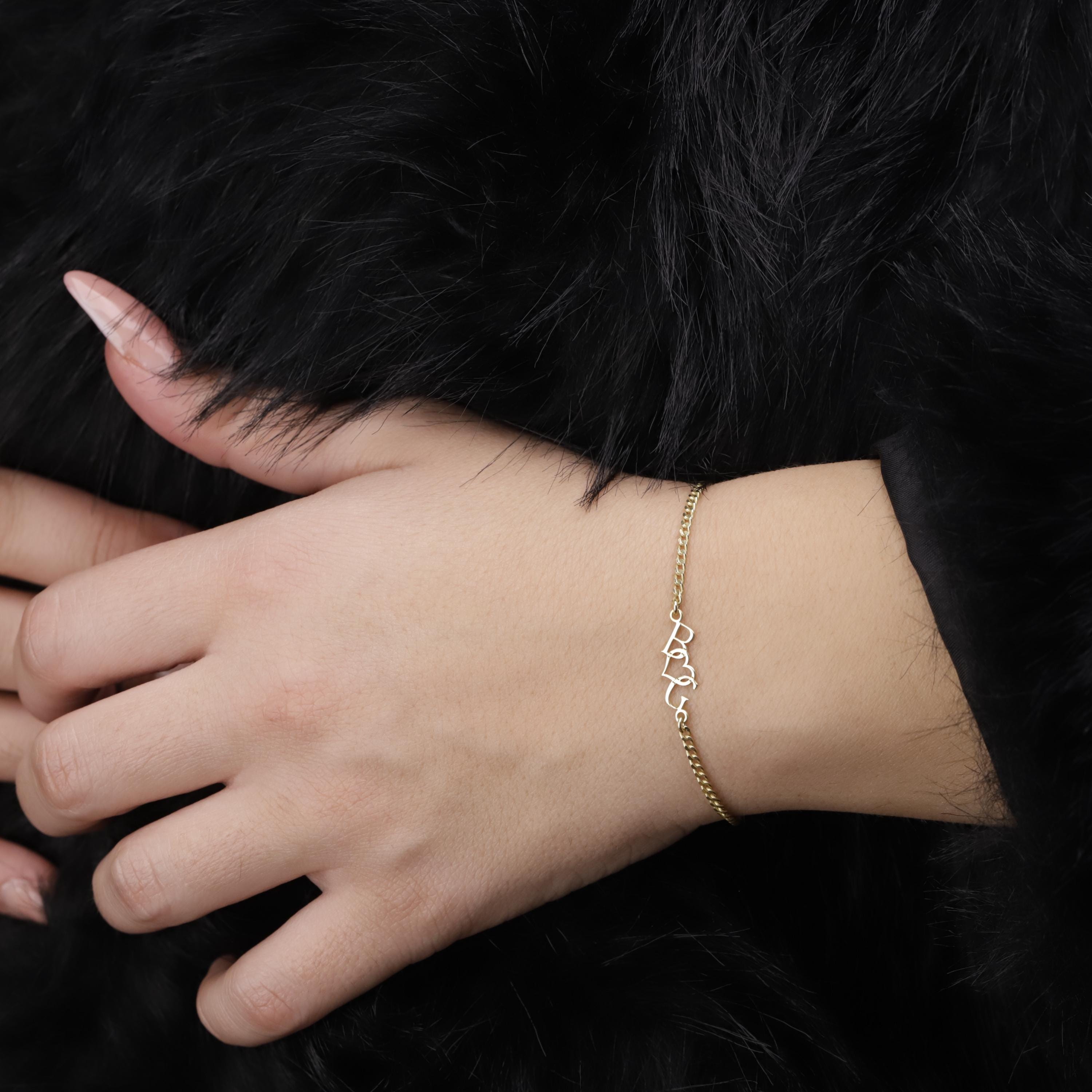 SilverGoldandRose Dainty Intertwined Initials Heart Bracelet Sterling Silver