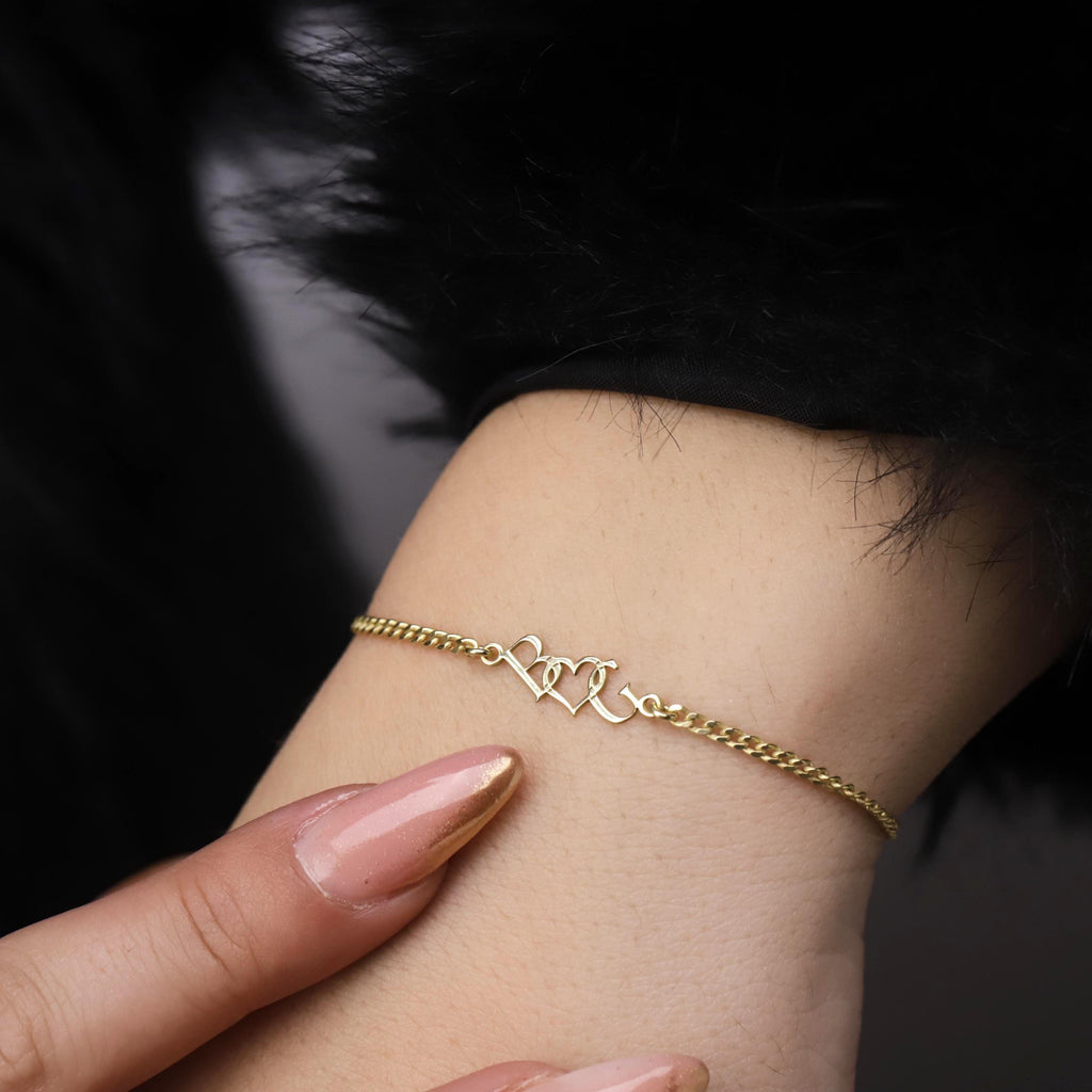 SilverGoldandRose Dainty Intertwined Initials Heart Bracelet Sterling Silver