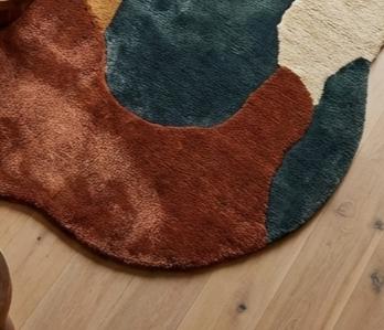 Abstract Irregular Shape Wool Area Rug, Hand Tufted Teal Rust Mustard