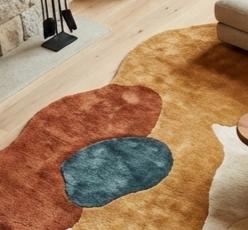 Abstract Irregular Shape Wool Area Rug, Hand Tufted Teal Rust Mustard