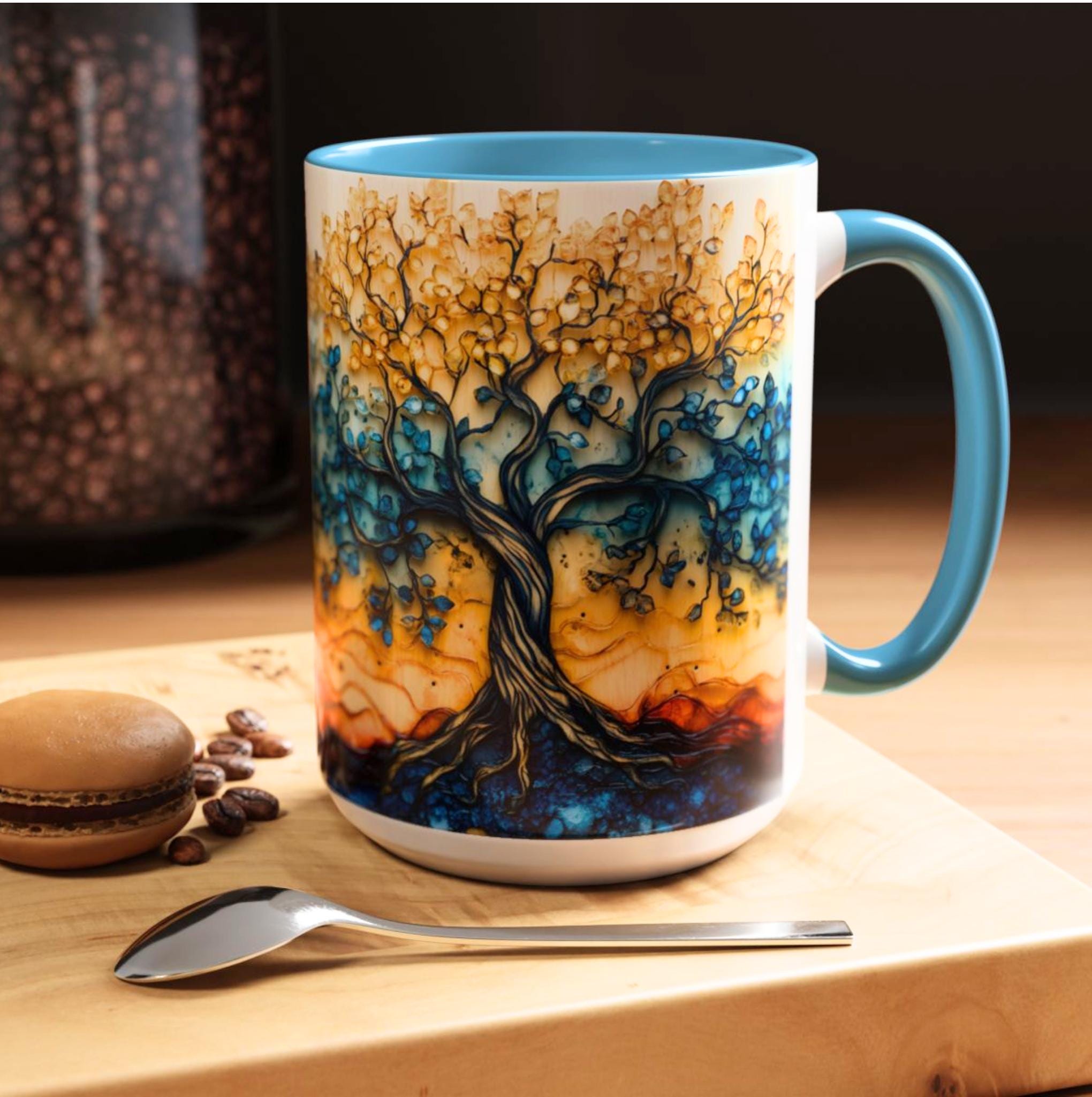 Tree of Life Ceramic Mug 15oz Boho Leaf Design Coffee Cup