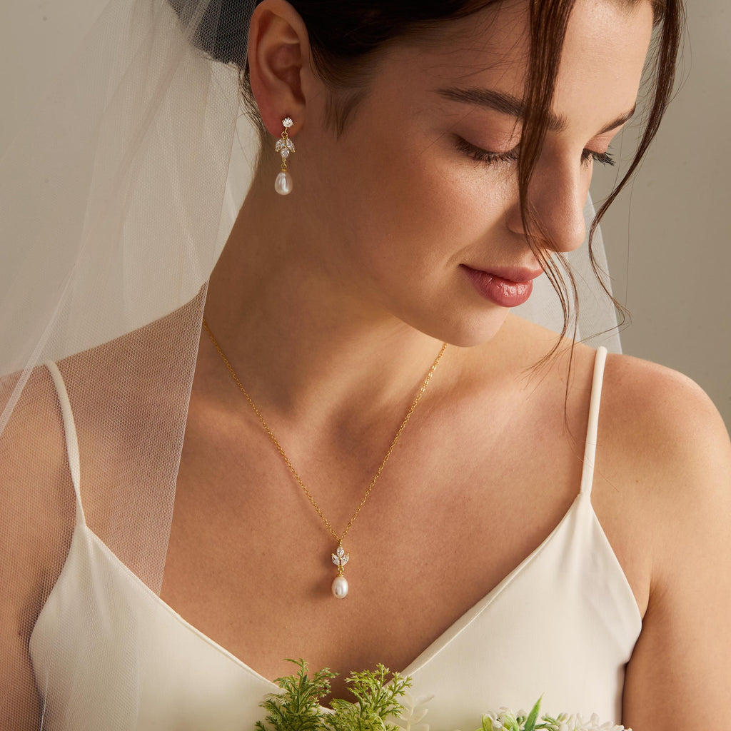 Natural Freshwater Pearl CZ Leaf Drop Earrings