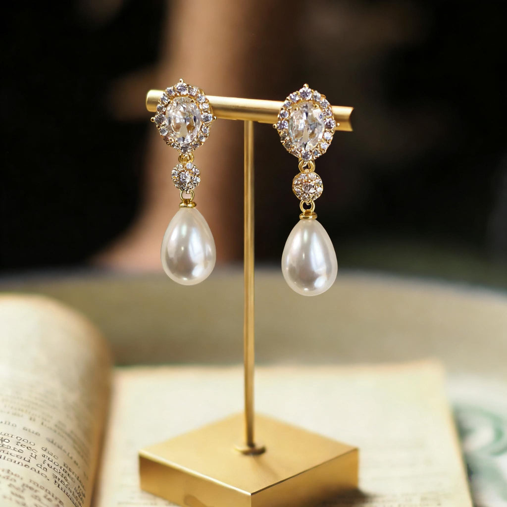 EcloraTreasures Minimalist Bridal Pearl and Crystal Drop Earrings