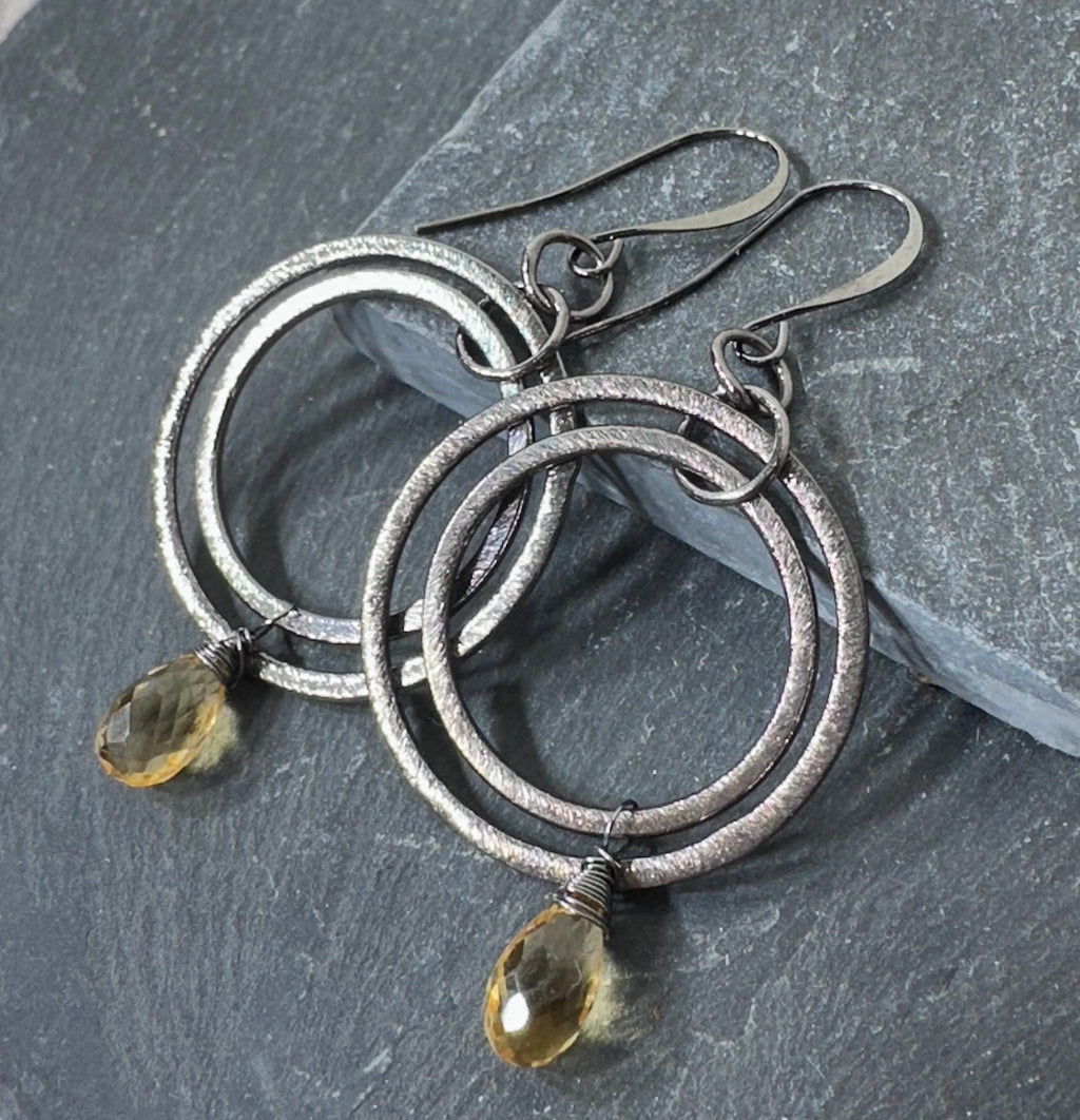MossberryandStone Citrine & Oxidized Sterling Silver Multi Hoop Earrings