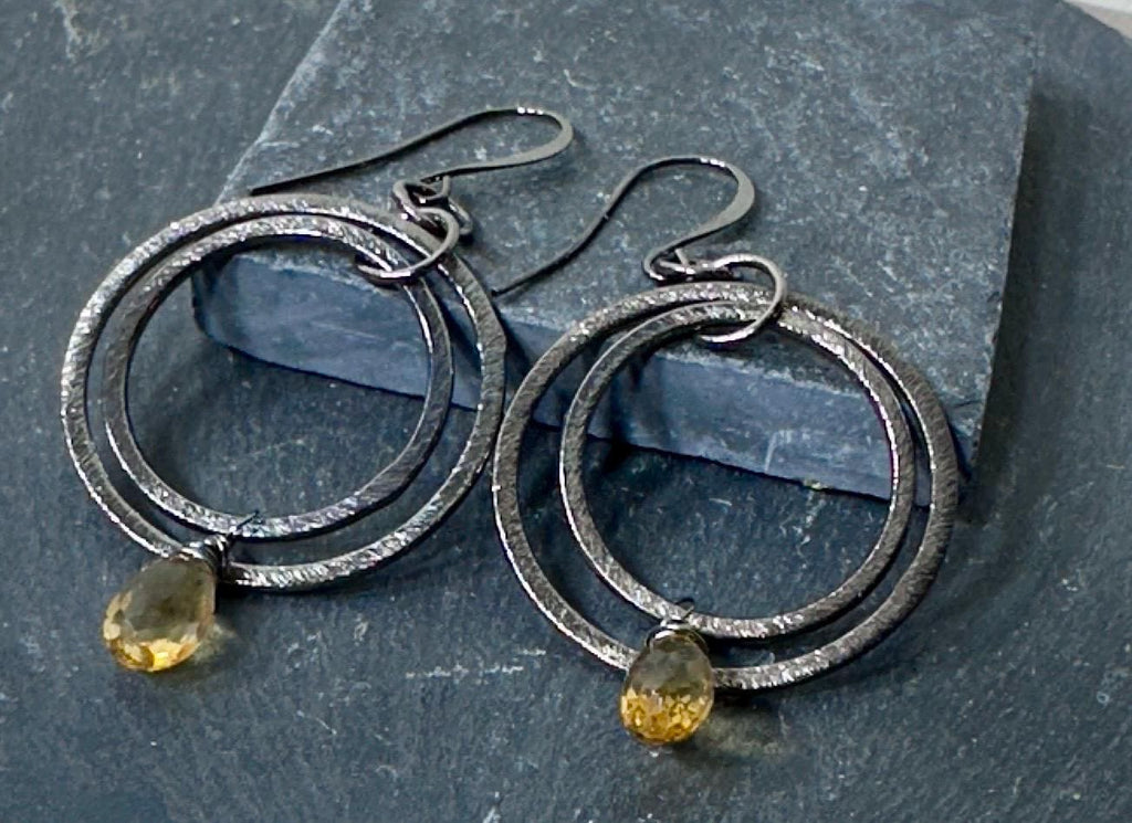 MossberryandStone Citrine & Oxidized Sterling Silver Multi Hoop Earrings