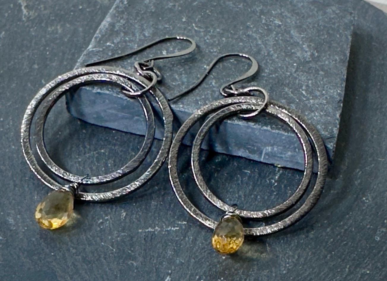 MossberryandStone Citrine & Oxidized Sterling Silver Multi Hoop Earrings