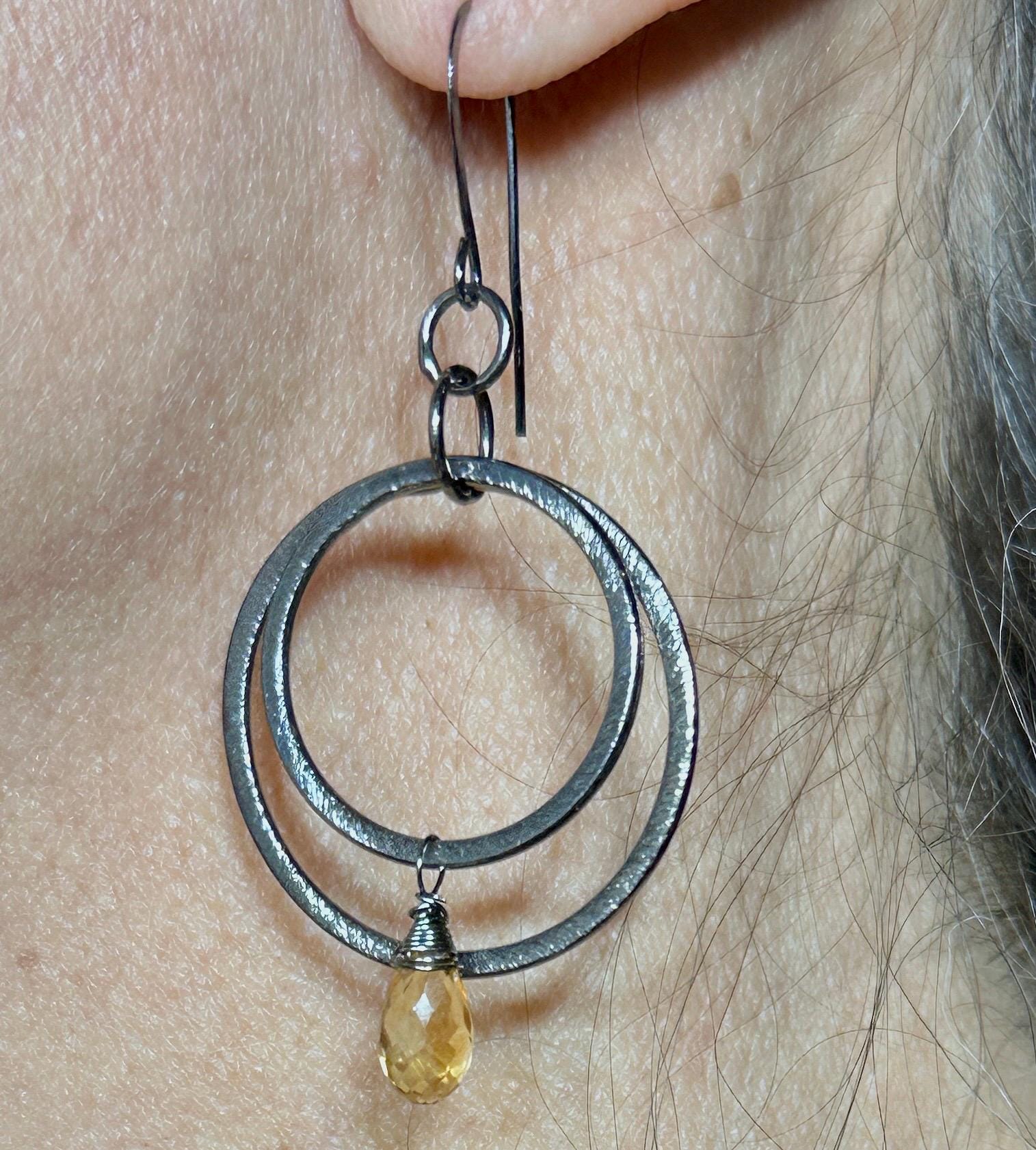 MossberryandStone Citrine & Oxidized Sterling Silver Multi Hoop Earrings