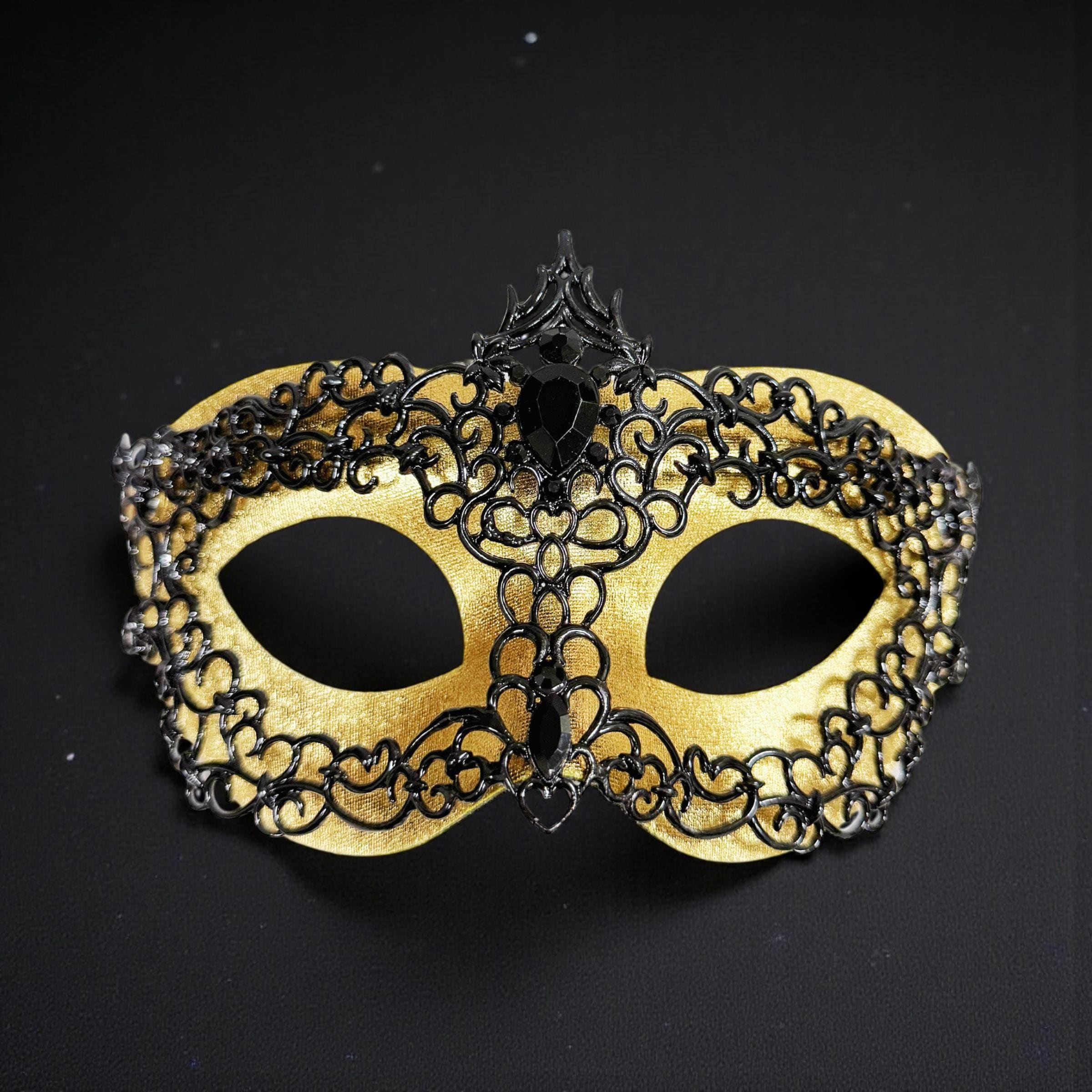 Men's Venetian Masquerade Mask Black Gold Alloy Rhinestone Party