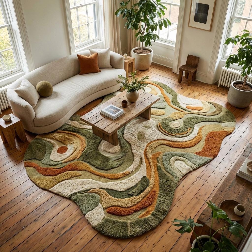 RugverseCreations Irregular Wavy Hand-Tufted Wool Area Rug Moss Green Rust