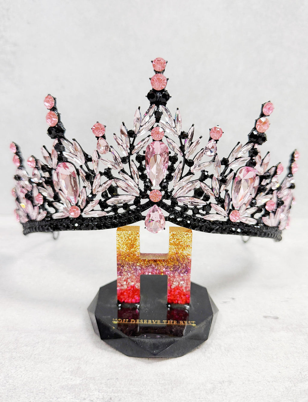 HappyJewelryWorld Gothic Wedding Tiara Black Pink Crystal Rhinestone