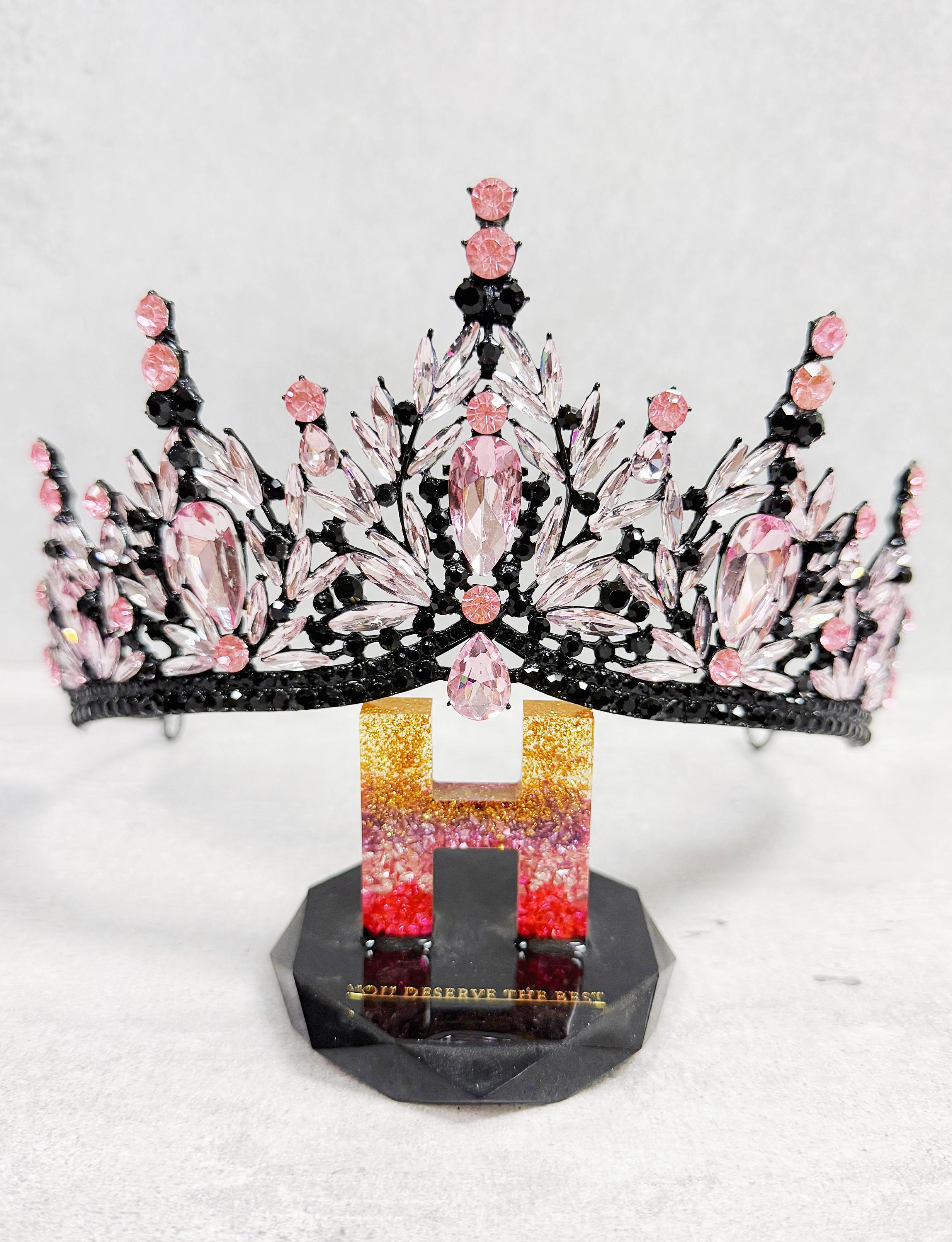 HappyJewelryWorld Gothic Wedding Tiara Black Pink Crystal Rhinestone