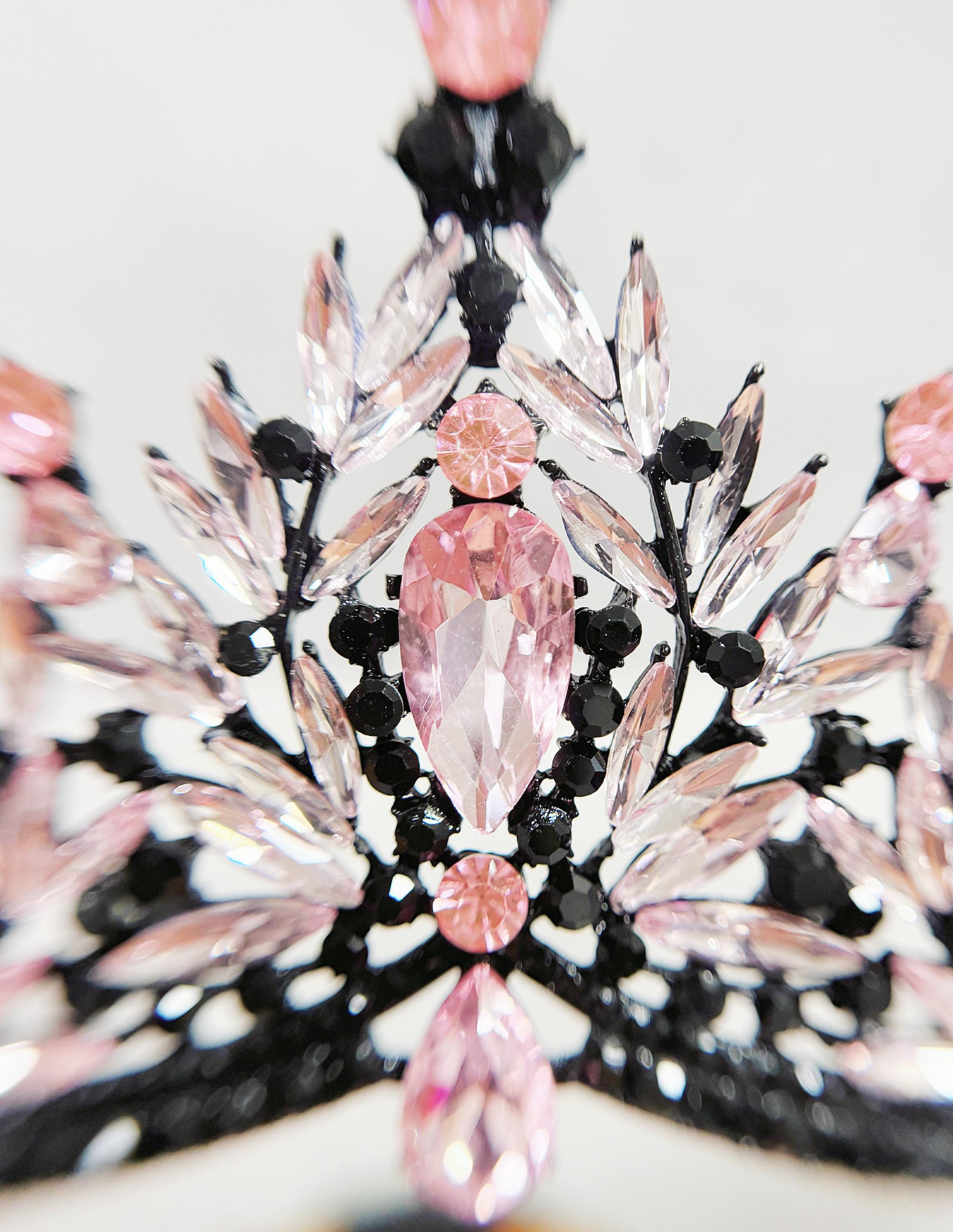 HappyJewelryWorld Gothic Wedding Tiara Black Pink Crystal Rhinestone
