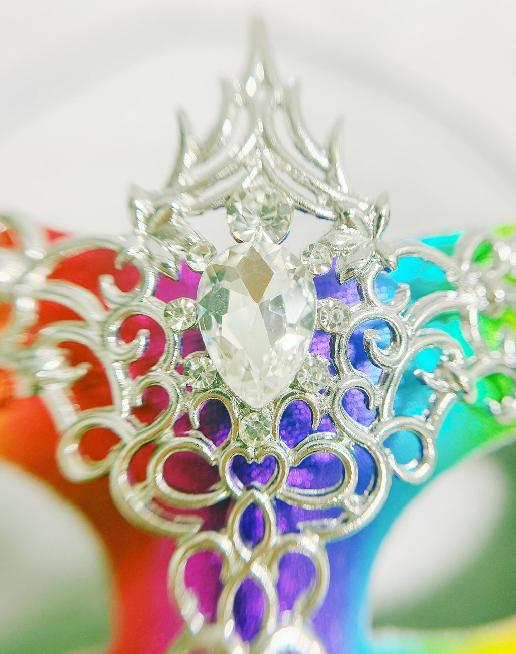 HappyJewelryWorld Rainbow Silver Rhinestone Masquerade Mask 2 in 1