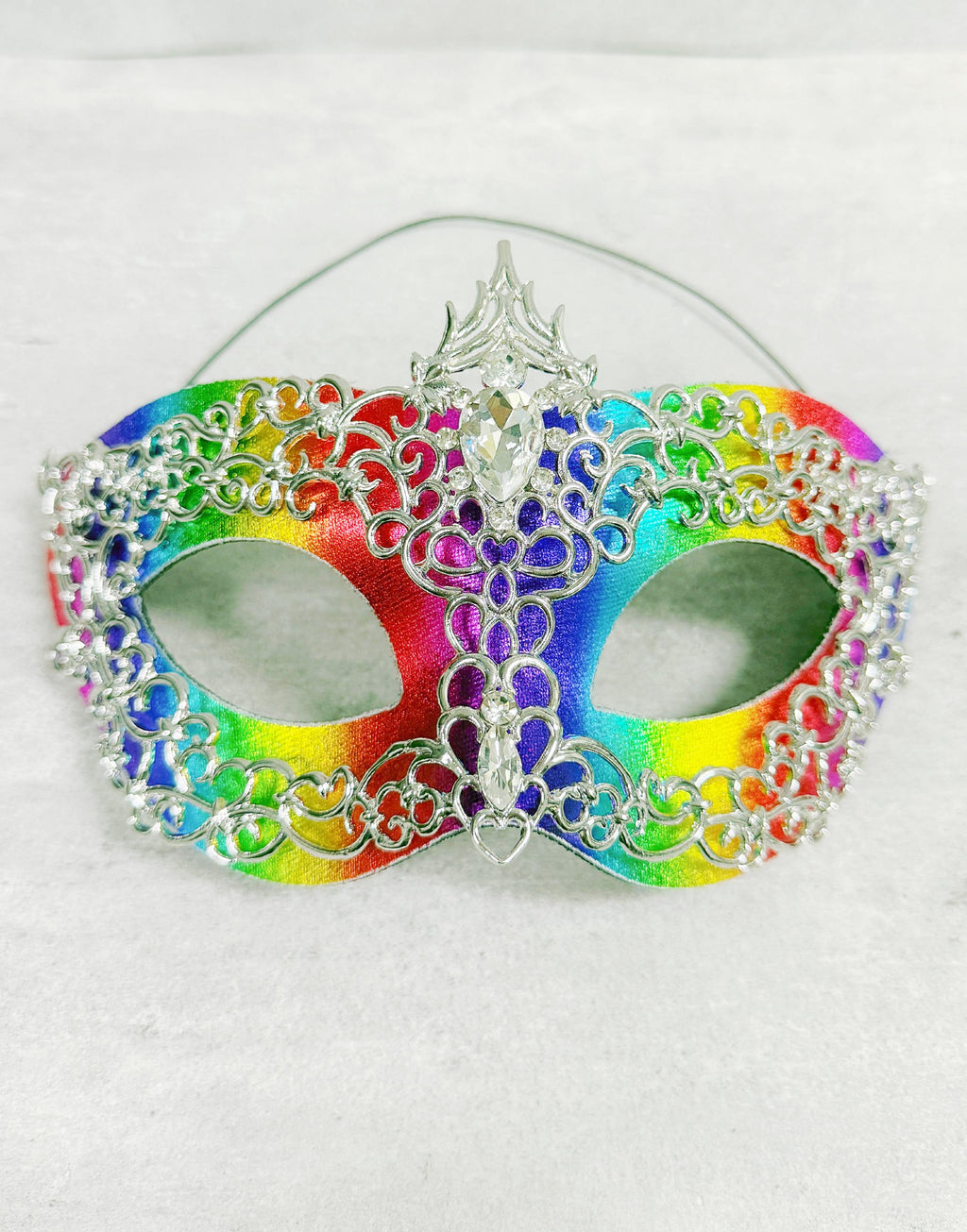 HappyJewelryWorld Rainbow Silver Rhinestone Masquerade Mask 2 in 1