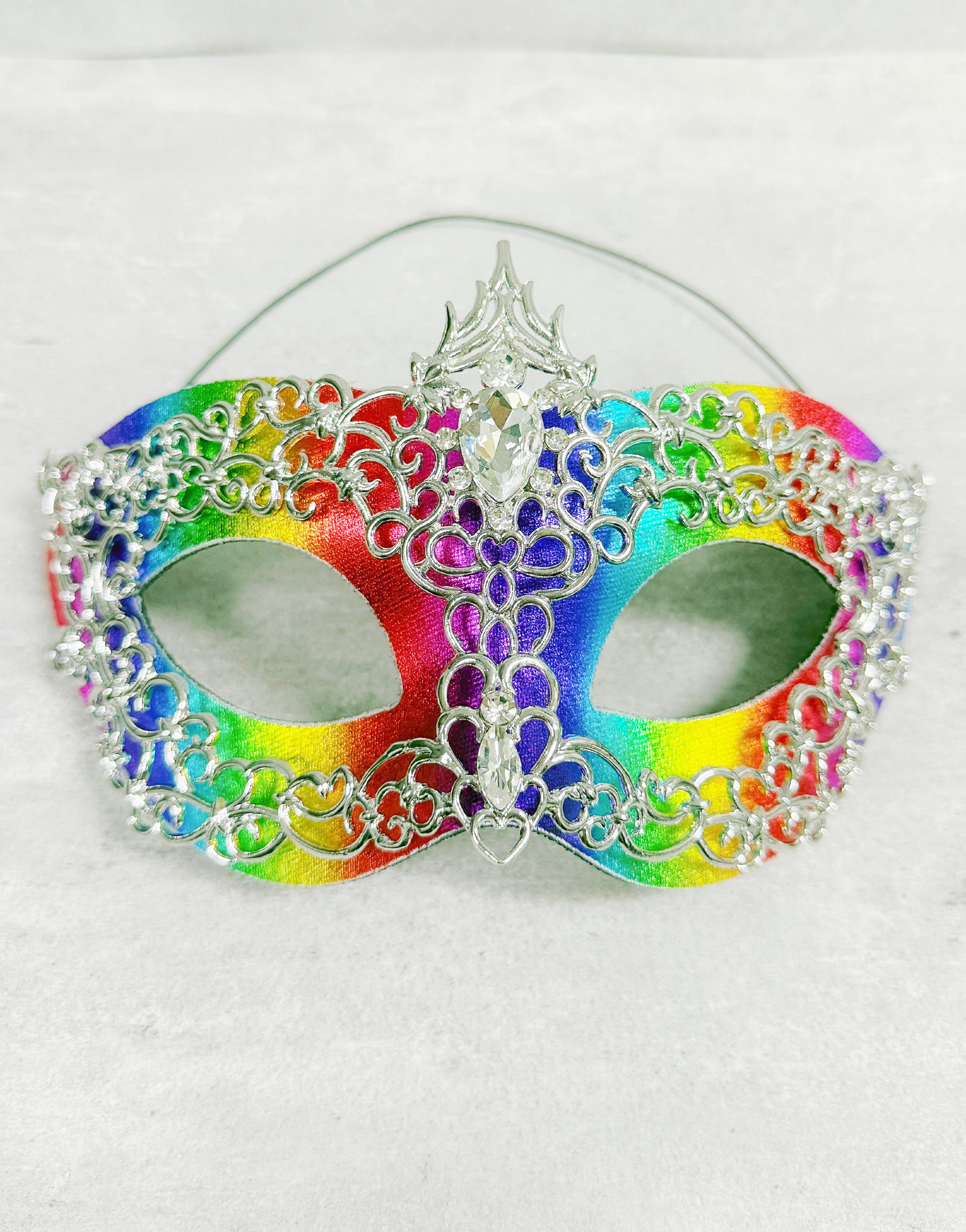 HappyJewelryWorld Rainbow Silver Rhinestone Masquerade Mask 2 in 1