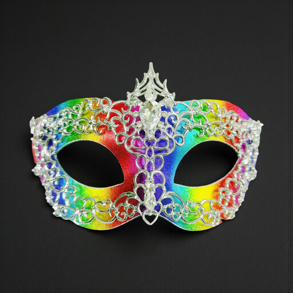 HappyJewelryWorld Rainbow Silver Rhinestone Masquerade Mask 2 in 1