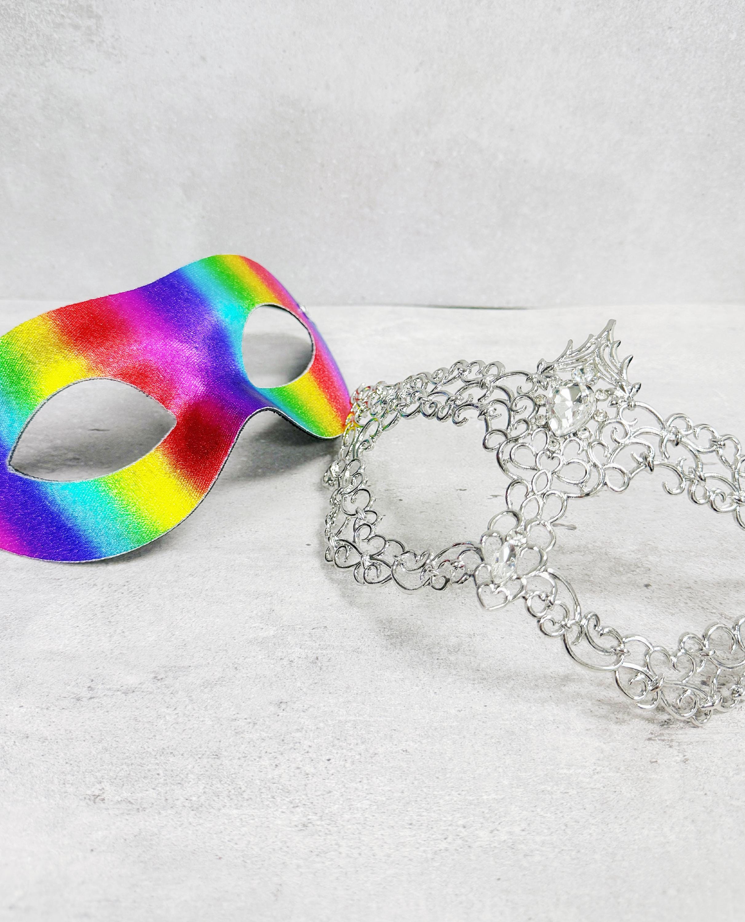 HappyJewelryWorld Rainbow Silver Rhinestone Masquerade Mask 2 in 1