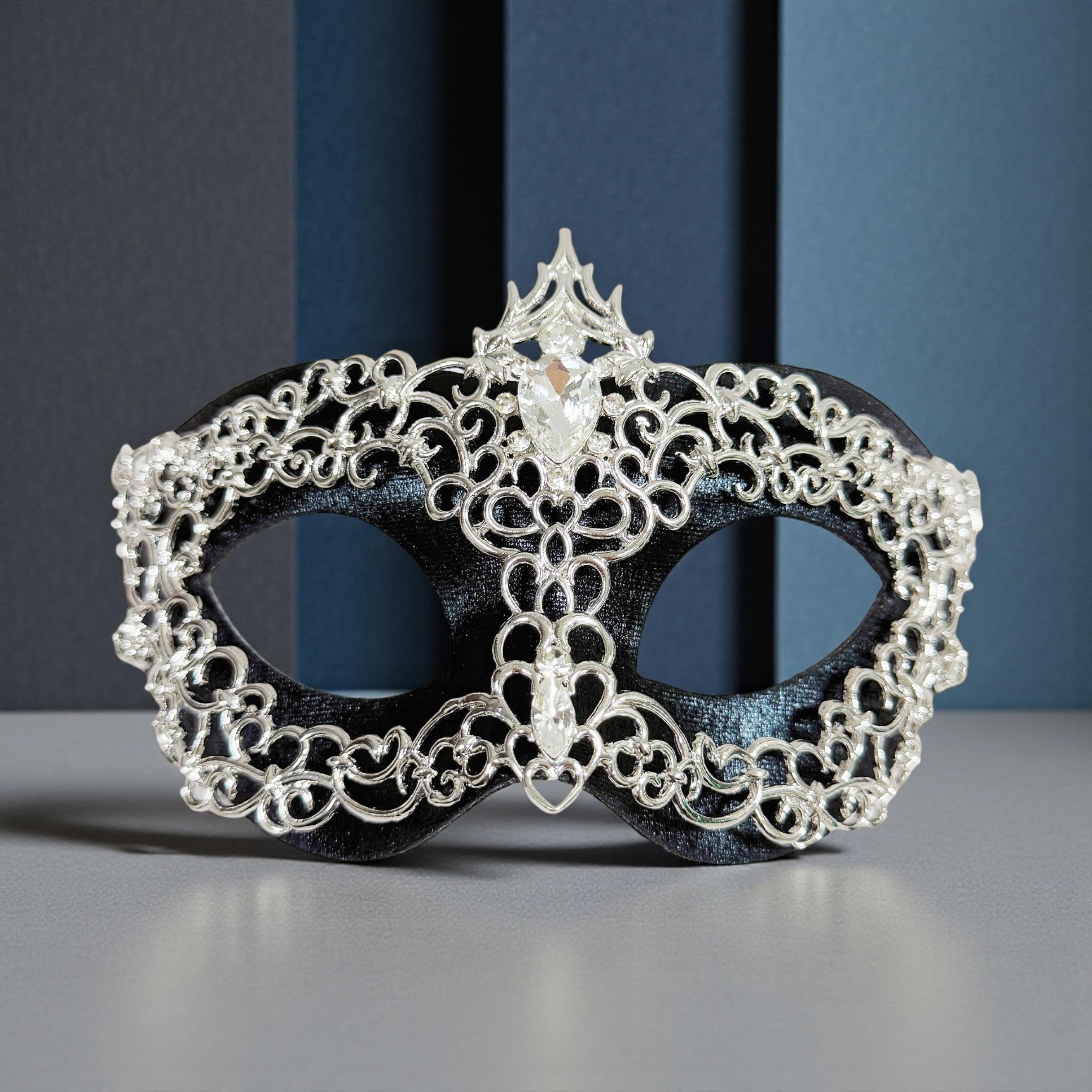 Silver Masquerade Mask with Crystal Rhinestones Silver and Black