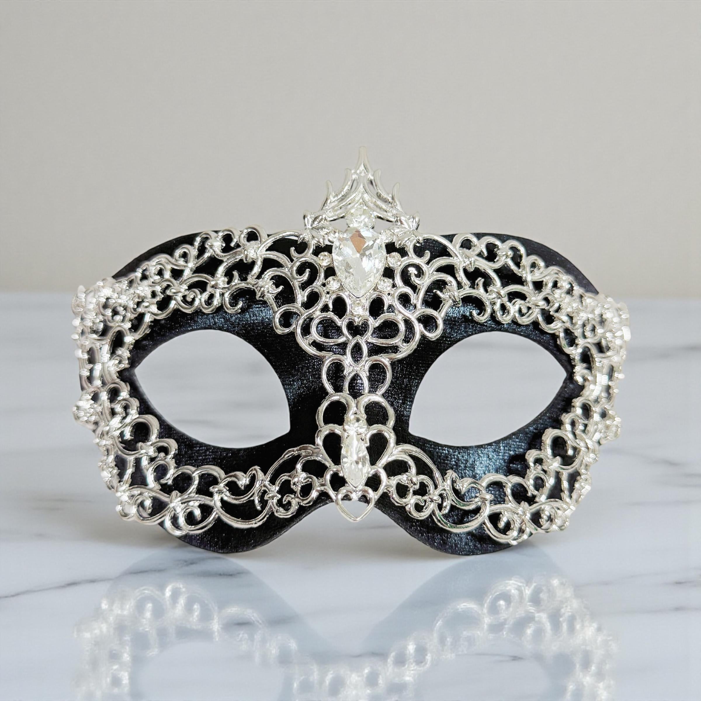 Silver Masquerade Mask with Crystal Rhinestones Silver and Black