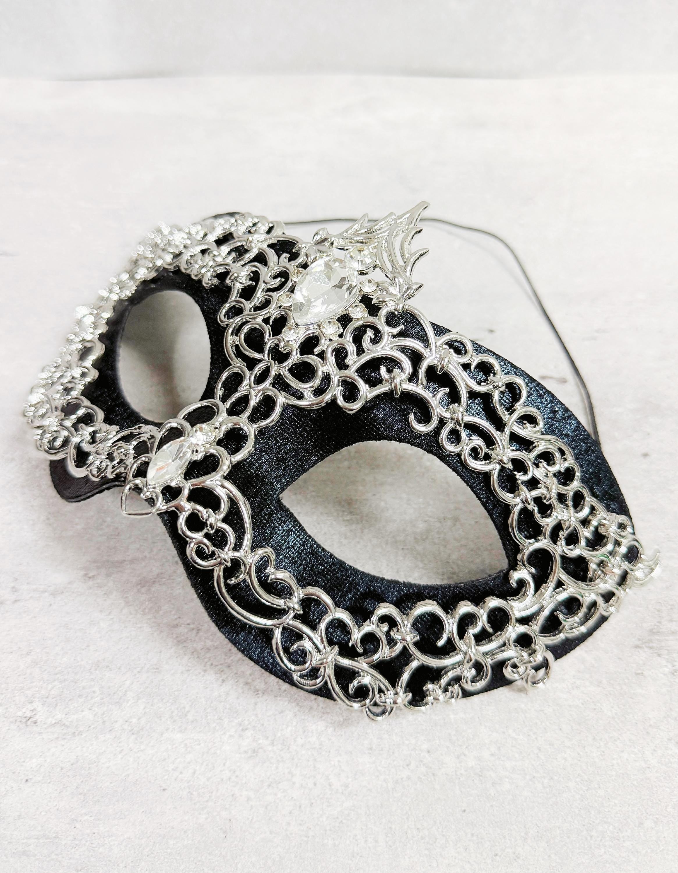Silver Masquerade Mask with Crystal Rhinestones Silver and Black