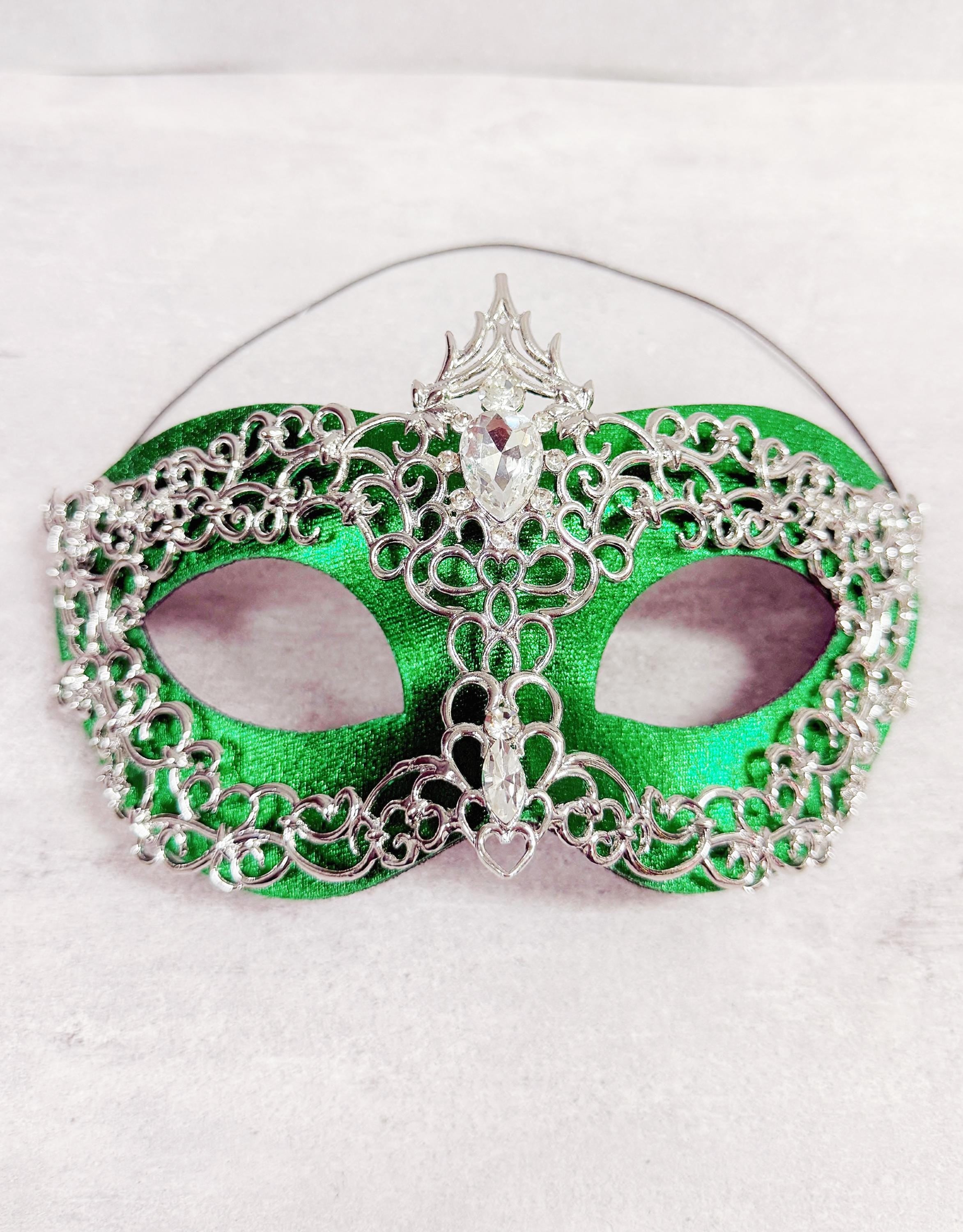 HappyJewelryWorld Silver And Green 2 In 1 Masquerade Mask Rhinestone