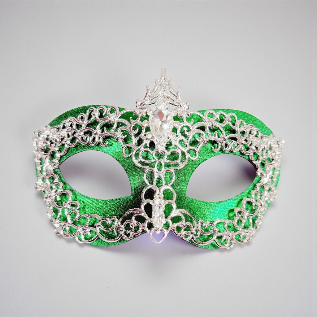 HappyJewelryWorld Silver And Green 2 In 1 Masquerade Mask Rhinestone