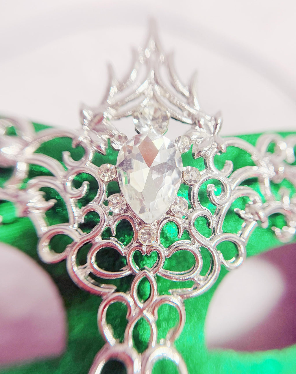 HappyJewelryWorld Silver And Green 2 In 1 Masquerade Mask Rhinestone