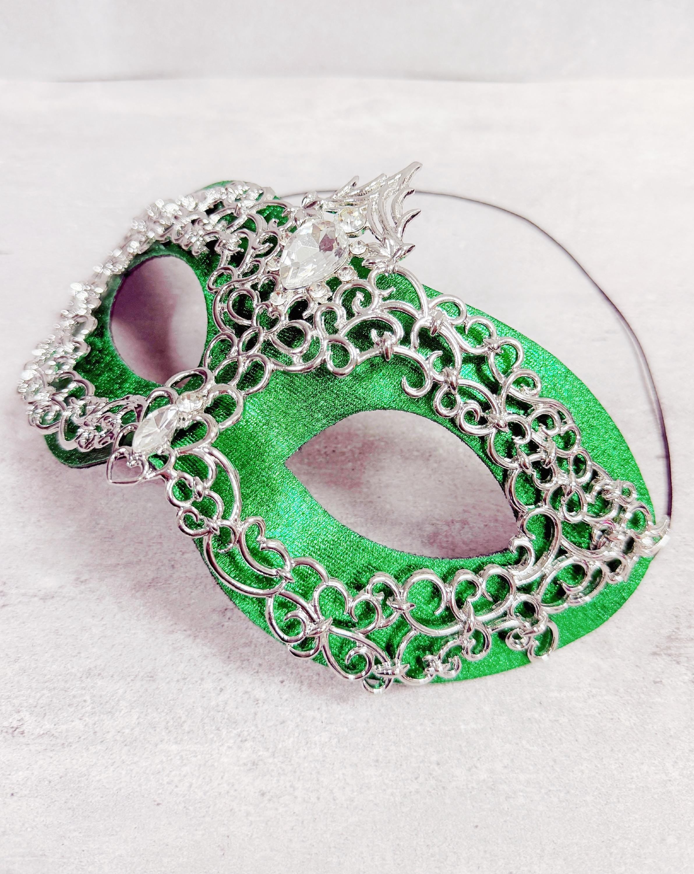HappyJewelryWorld Silver And Green 2 In 1 Masquerade Mask Rhinestone