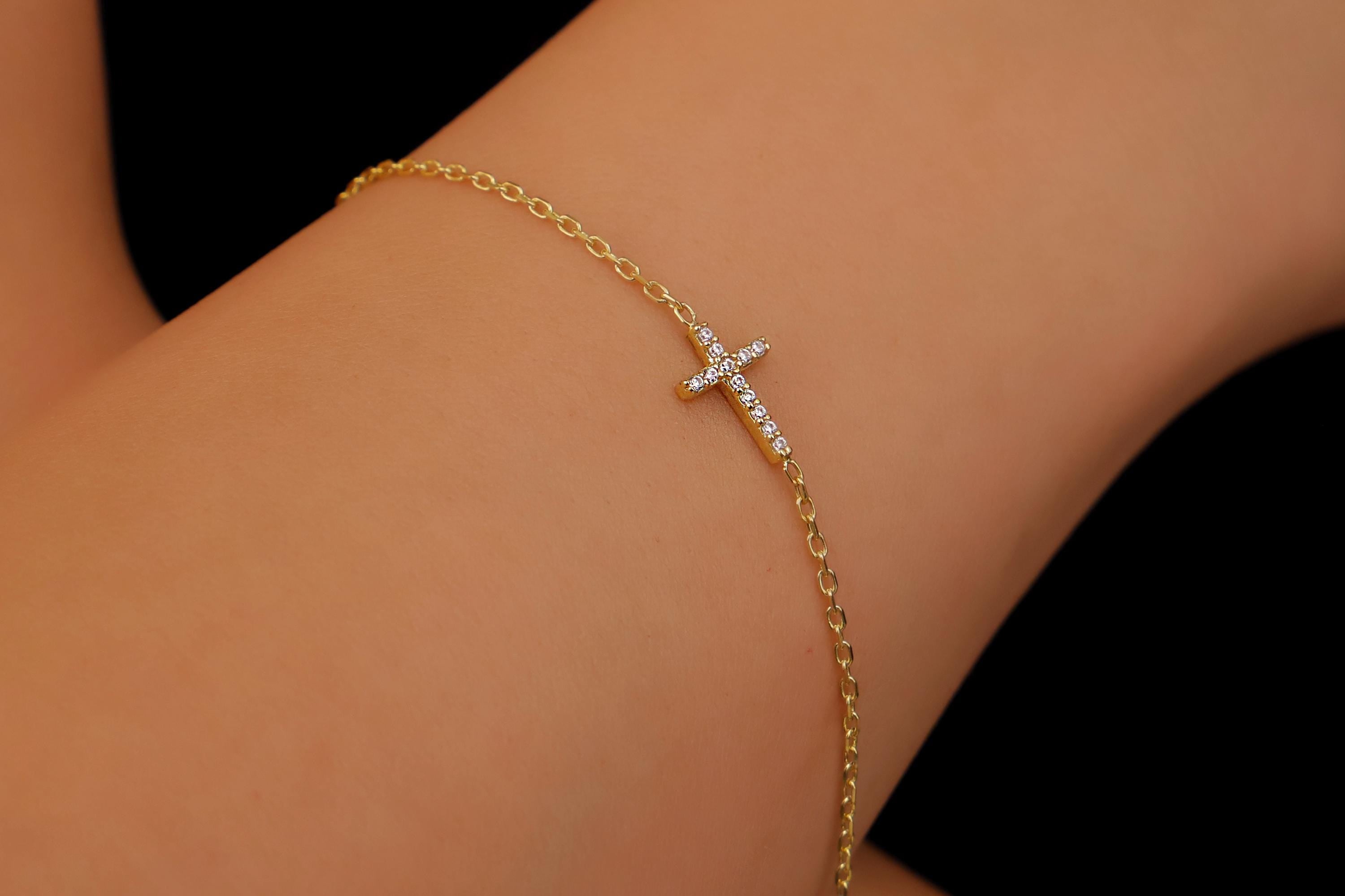 SilverGoldandRose Dainty Diamond Cross Bracelet 925 Sterling Silver Chain