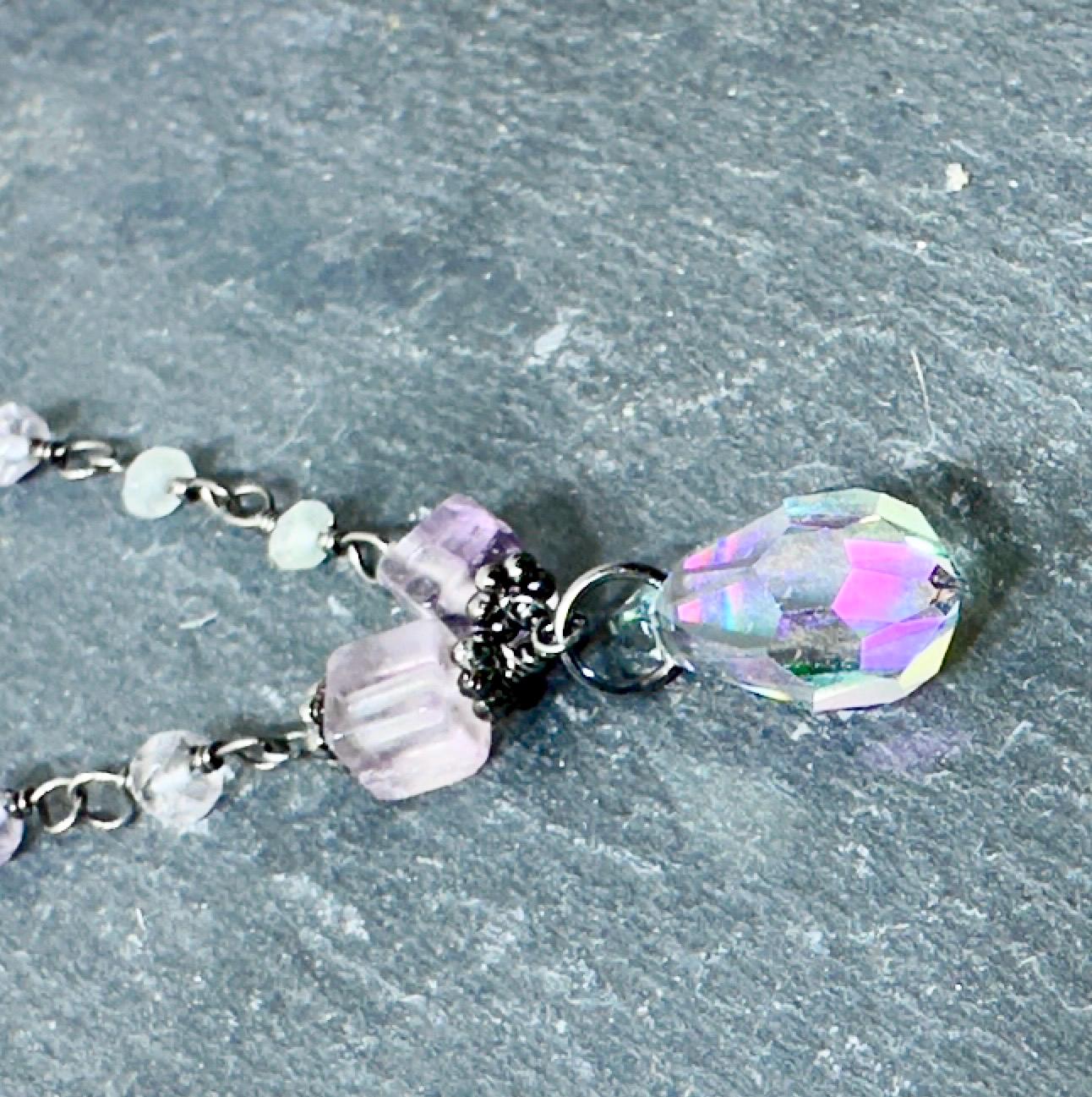 MossberryandStone Fluorite Pendant Necklace with Swarovski Crystal Drop
