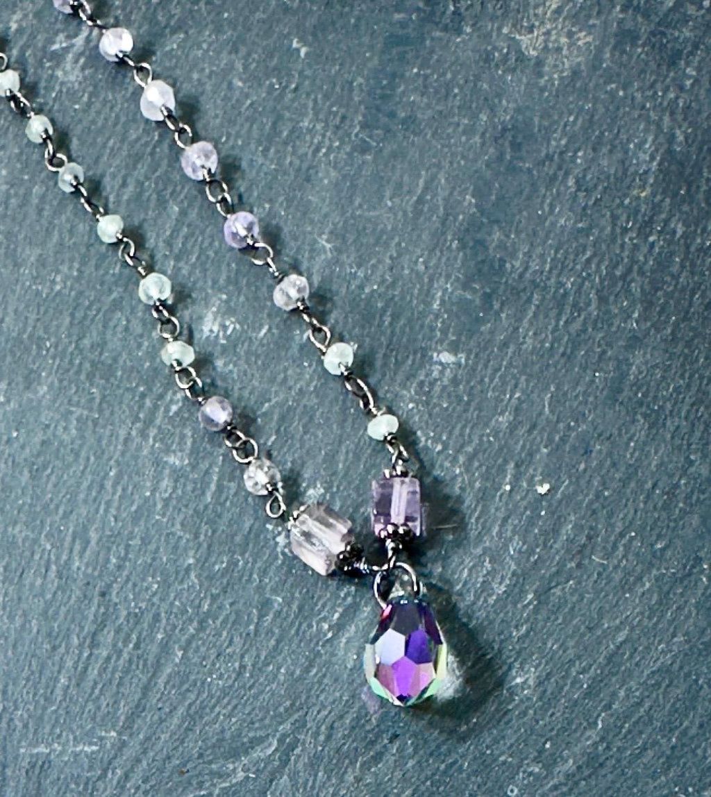 MossberryandStone Fluorite Pendant Necklace with Swarovski Crystal Drop