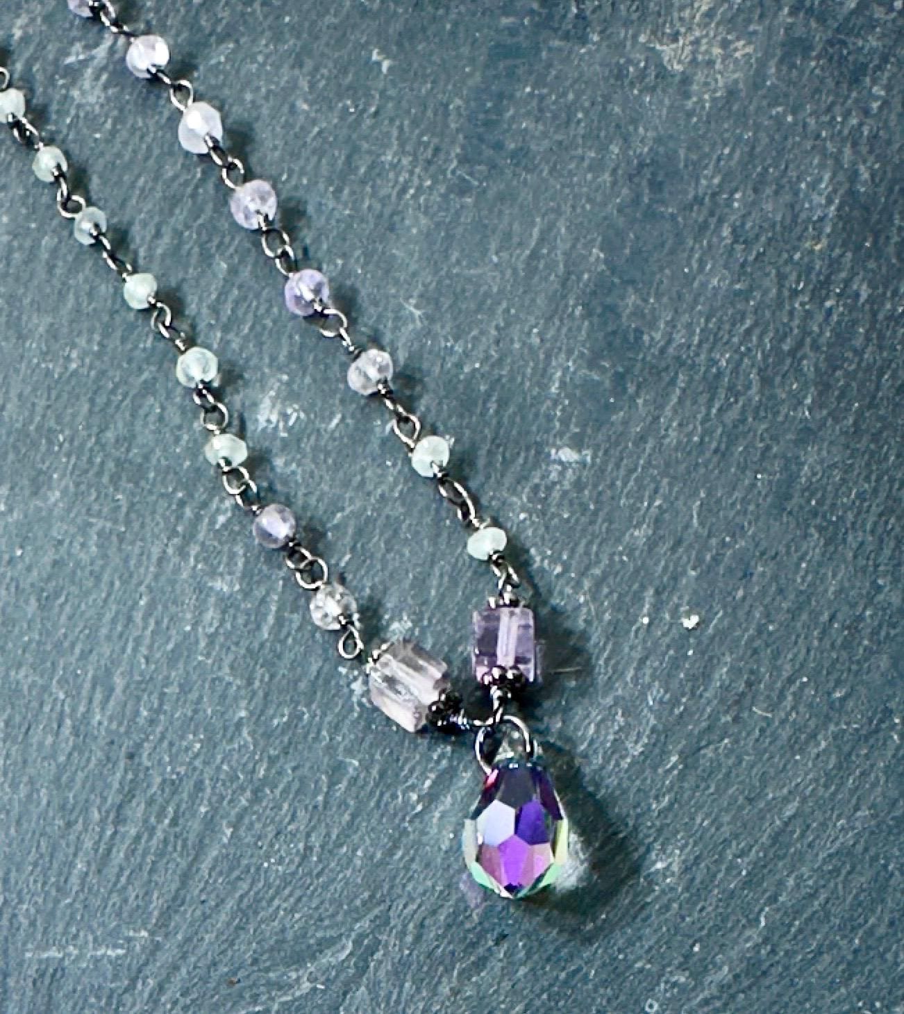 MossberryandStone Fluorite Pendant Necklace with Swarovski Crystal Drop