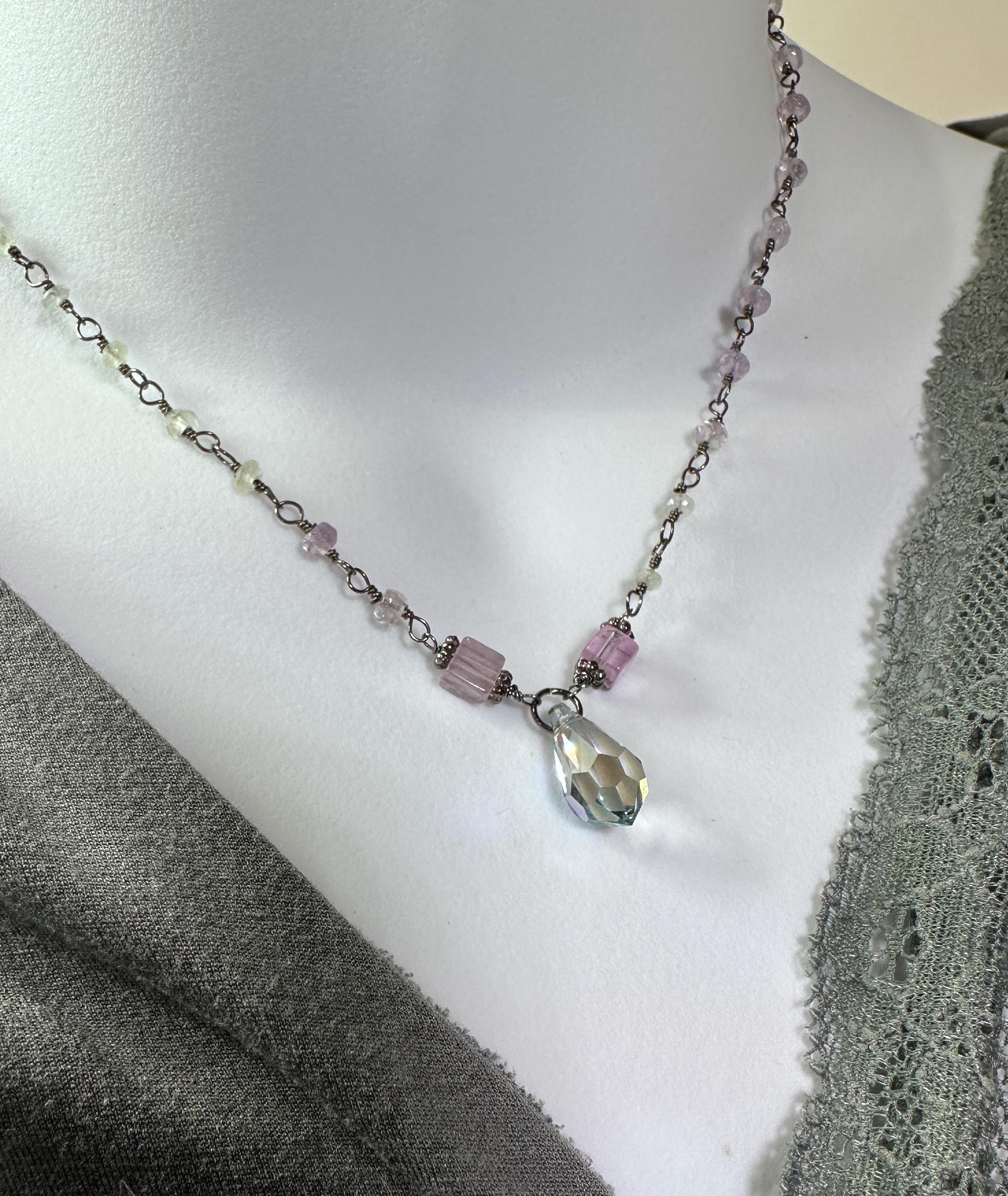 MossberryandStone Fluorite Pendant Necklace with Swarovski Crystal Drop