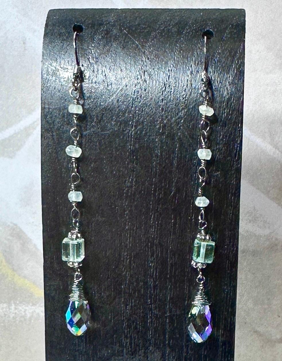 MossberryandStone Fluorite Swarovski Crystal Dangle Earrings Pastel Gemstone