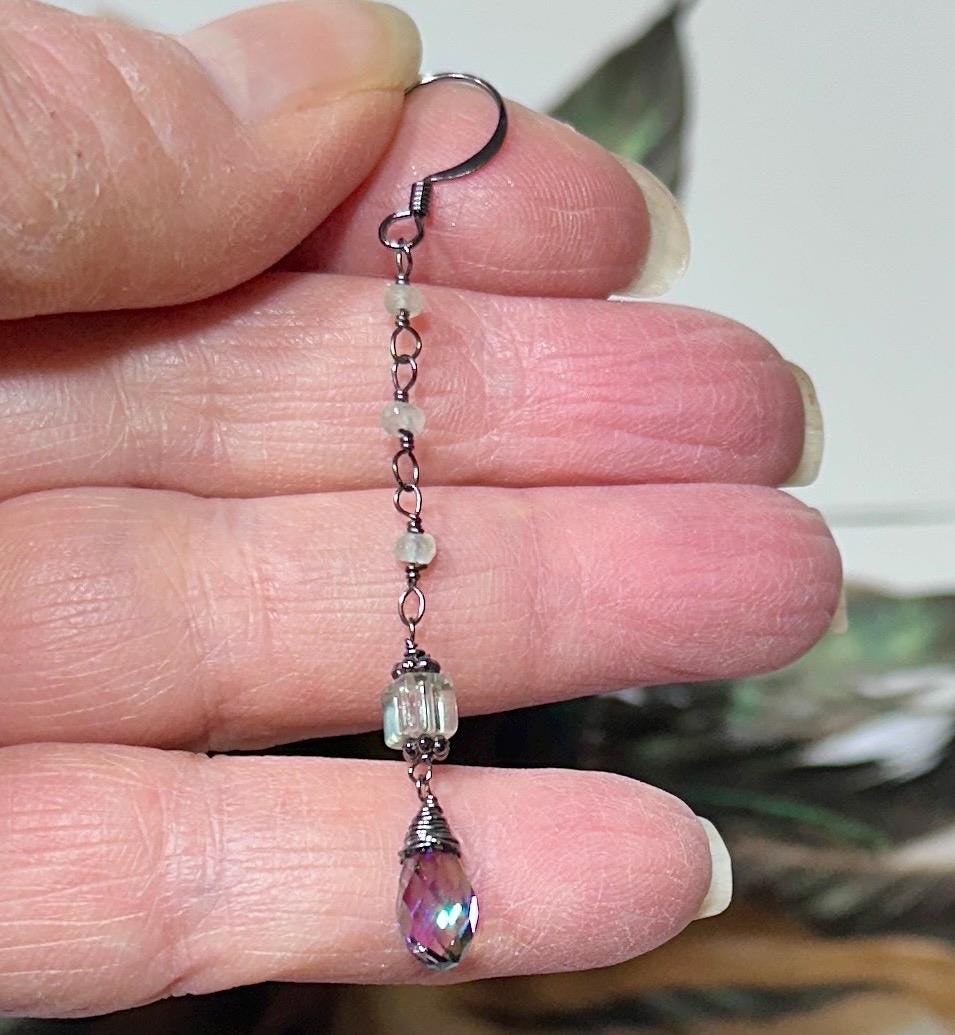 MossberryandStone Fluorite Swarovski Crystal Dangle Earrings Pastel Gemstone