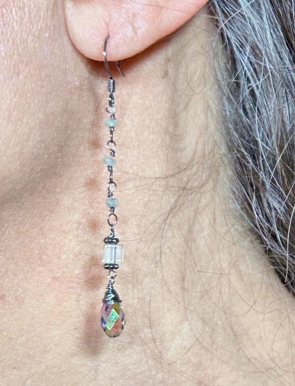 MossberryandStone Fluorite Swarovski Crystal Dangle Earrings Pastel Gemstone
