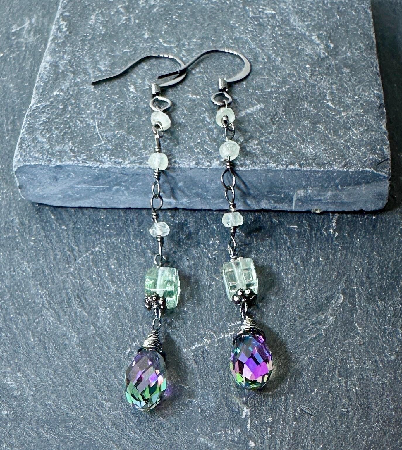 MossberryandStone Fluorite Swarovski Crystal Dangle Earrings Pastel Gemstone