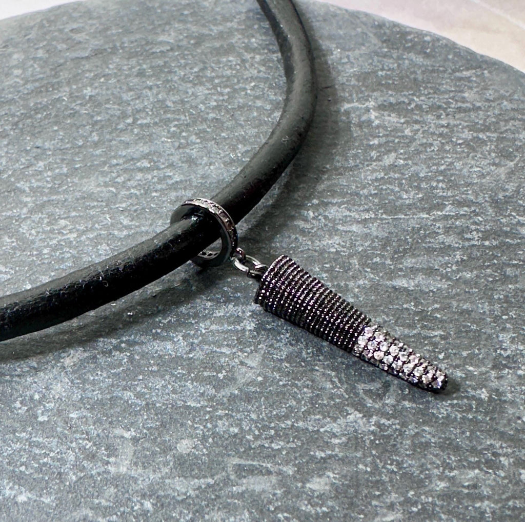 MossberryandStone Black Leather Choker Necklace Gunmetal Spike CZ Pendant